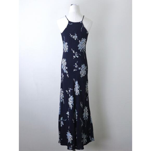 Vintage 1990s Size 4 Rayon Slinky Maxi Dress Navy Blue Floral Print - Picture 7 of 10